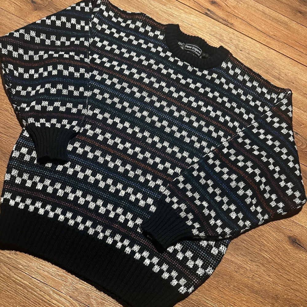 Vintage Peter England Black Multi Geometric Knit Sweater Mens XL